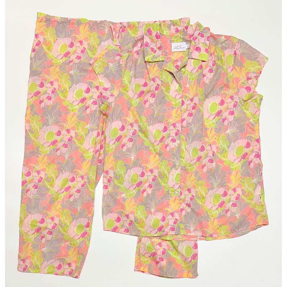 The Cat's Pajamas Pink Green Floral Cotton Pajama Set Large Short Sleeve Crop